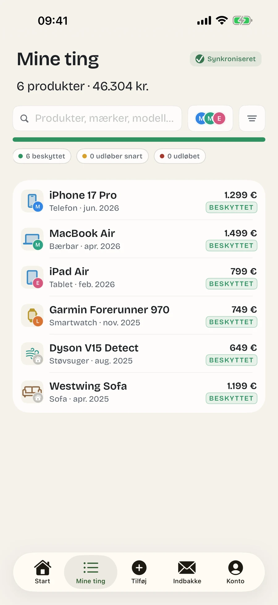 Omora on iPhone showing saved products with their warranty status