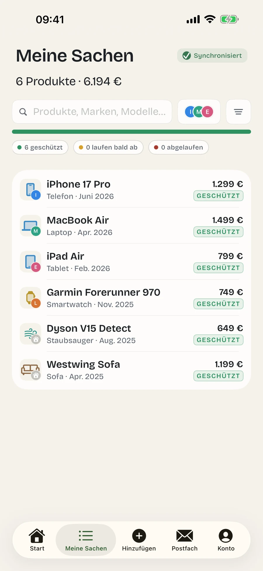 Omora on iPhone showing saved products with their warranty status