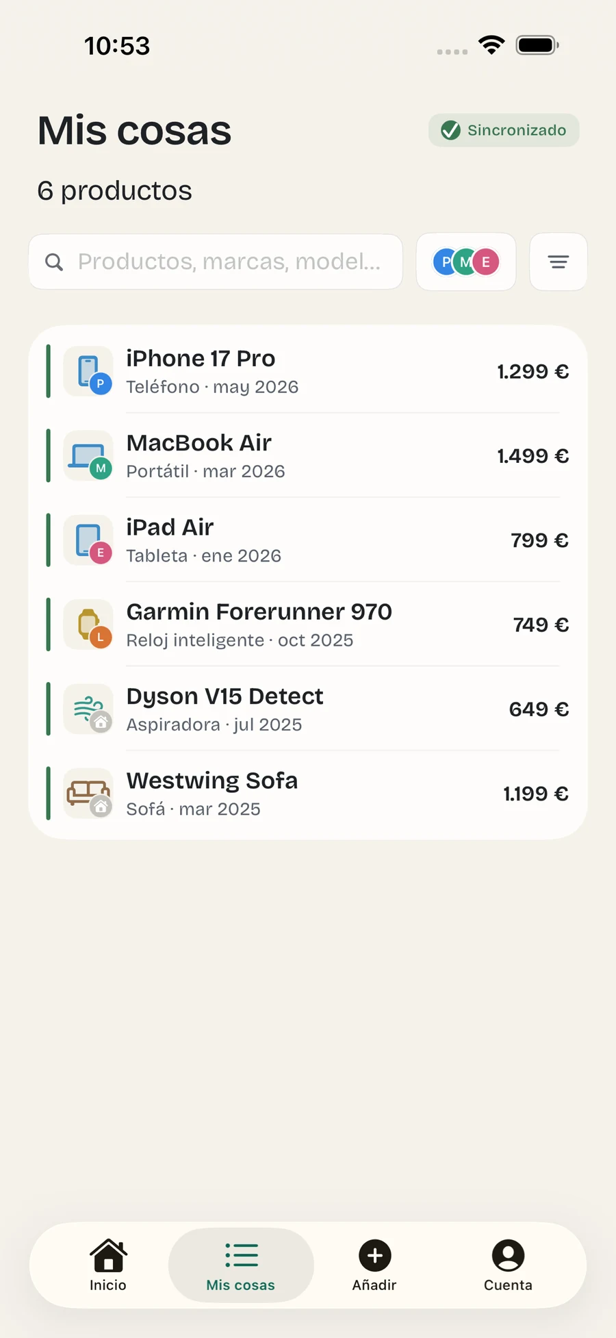 Omora on iPhone showing saved products with their warranty status