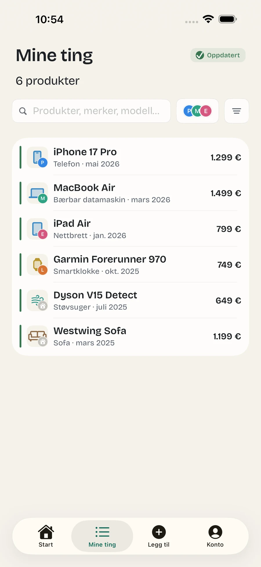 Omora on iPhone showing saved products with their warranty status