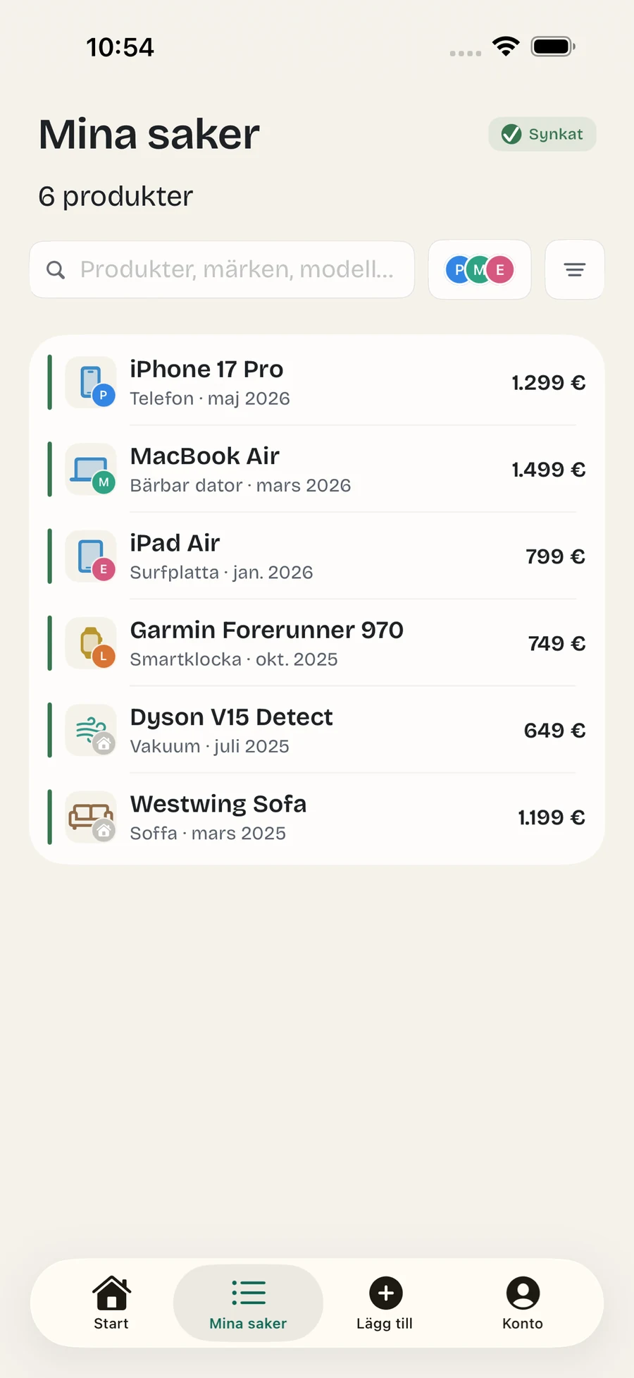 Omora on iPhone showing saved products with their warranty status